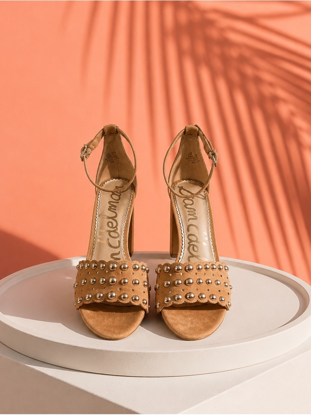 Sam Edelman Tan Studded Ankle-Strap Block Heels